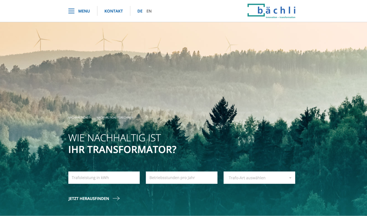 Forest in the background, tool to calculate CO2 emissions and electricity costs for a transformer in the front