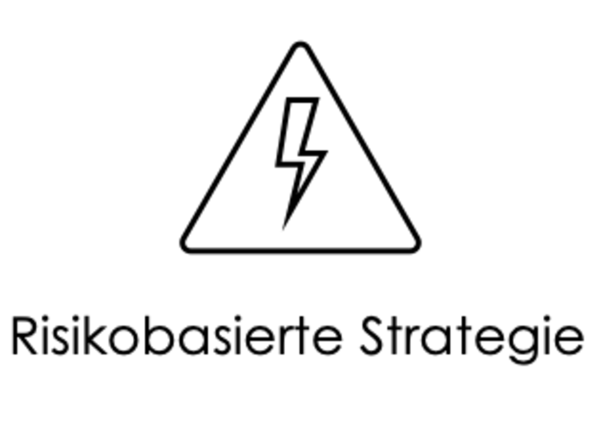 Weisser Hintergrund. Ein Dreieck und darin ein Blitz. Als Symbol gezeigt. Darunter steht, risikobasierte Strategie.